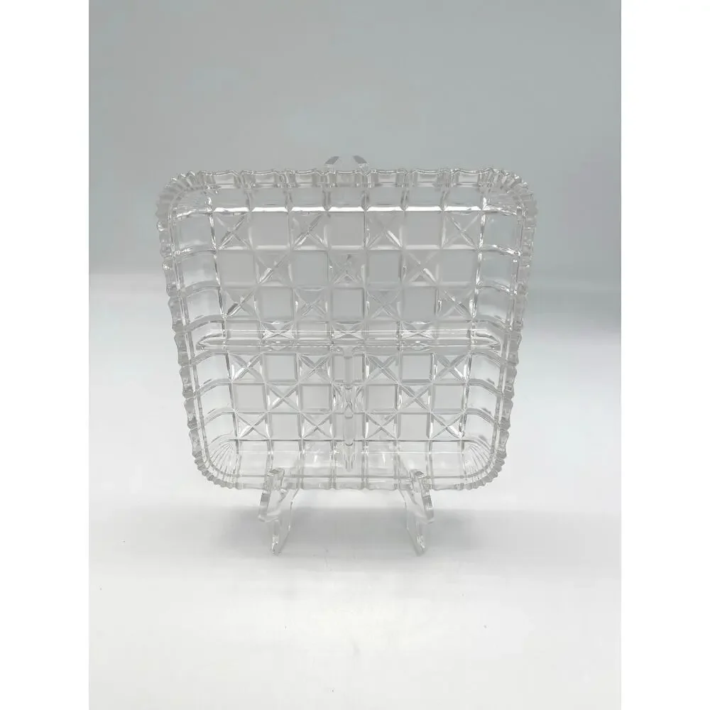 Vintage Indiana Glass Clear Block & Stars 3 Part Square Relish Dish 7”